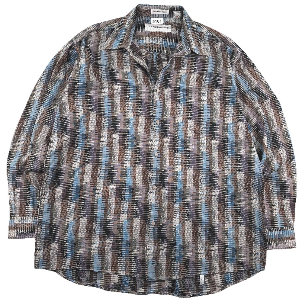 VTG 90s JHANE BARNES Geometric Wave Shirt Men Large Abstract Fabric Woven Japan